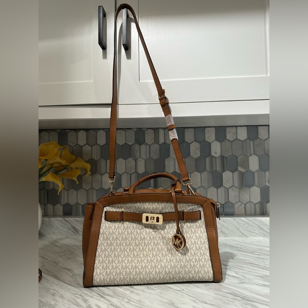 Michael Kors Brown and Cream Satchel with Gold-Toned Hardware